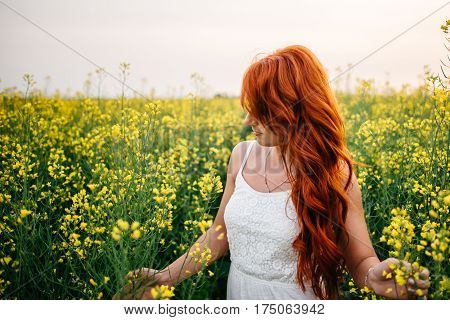 Young beautiful red-haired woman in a blooming rapeseed field at sunset