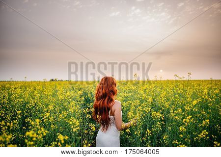 Young beautiful red-haired woman in a flowering rapeseed field at sunset with her back to the camera