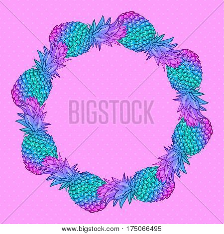 Pineapple creative trendy art wreath. Neon colors, fashionable style memphis, neofank, rave Vector. Isolated. Print on T-shirt, cover, bag. Logo for trend cafe, bar