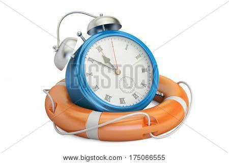 Alarmclock in lifebuoy save time concept. 3D rendering isolated on white background