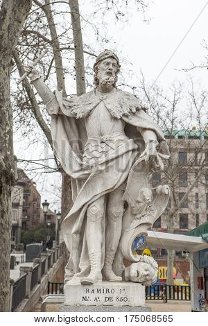 Madrid Spain - february 26 2017: Sculpture of Ramiro I of Asturias at Plaza de Oriente Madrid. He was King of Asturias from 842 until his death