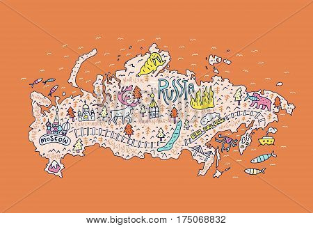 Cartoon map of Russia. Handdrawn illustration with all main tourist attractions. Great design element for travel blog, poster, tour guide company. Vector cartography.