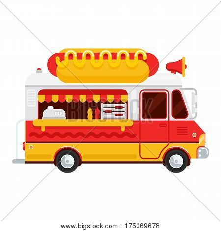 The colorful cute hot dog van vector flat illustration the hot dog and snacks truck side view isolated on white background. Hot dog illustration for banner design web and other graphic