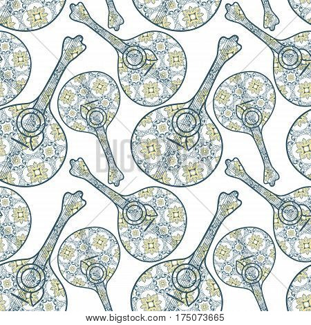 Tipical portuguese fado guitar and azulejo tiles background. vector illustration. Seamless music portuguese guitar instrument background pattern