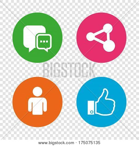 Social media icons. Chat speech bubble and Share link symbols. Like thumb up finger sign. Human person profile. Round buttons on transparent background. Vector