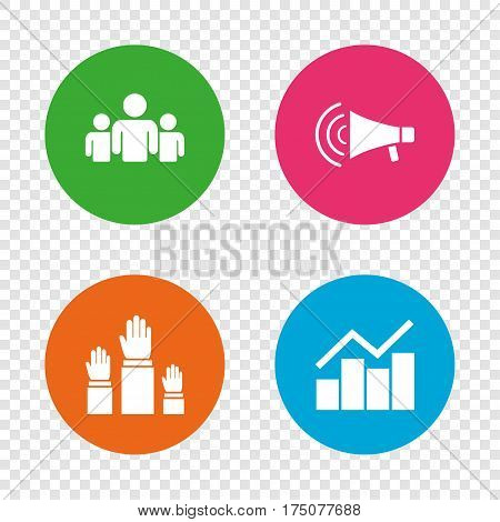 Strike group of people icon. Megaphone loudspeaker sign. Election or voting symbol. Hands raised up. Round buttons on transparent background. Vector