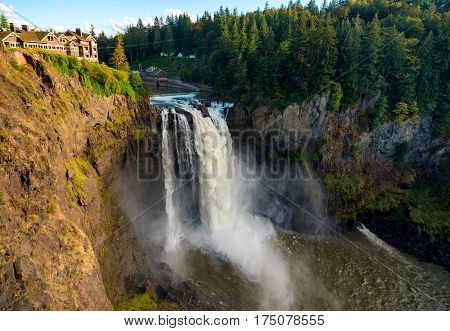 Wide view of Snoqualmie Falls Washington about an hour east of Seattle