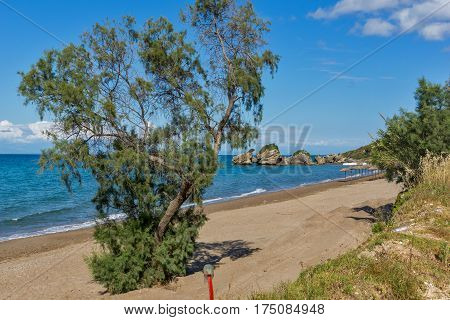 Panoramic view of Porto Kaminia beach, Zakynthos island, Greece
