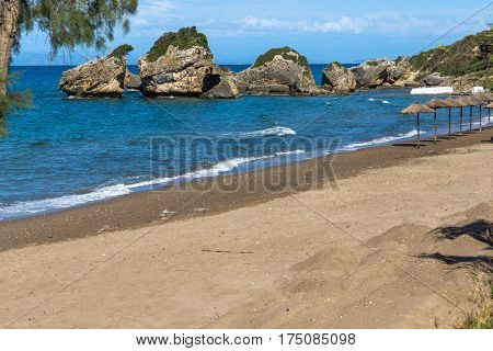 Panoramic view of Porto Kaminia beach, Zakynthos island, Greece