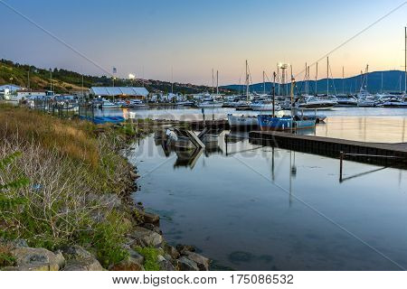 SOZOPOL, BULGARIA - JULY 11, 2016: Amazing Sunset at the port of Sozopol, Burgas Region, Bulgaria