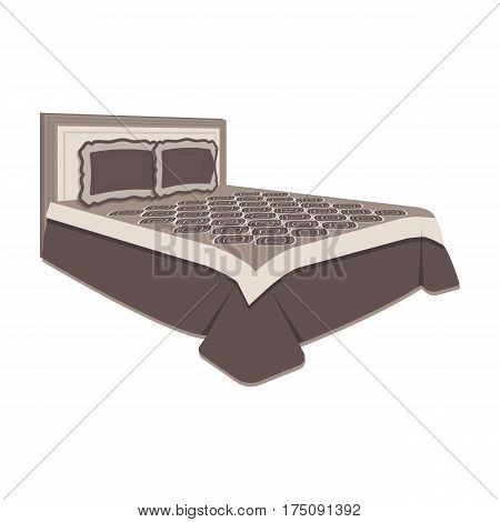 Top view bedroom with beige wall.Large double bed with brown plaid bed.Bed single icon in cartoon style vector symbol stock web illustration.