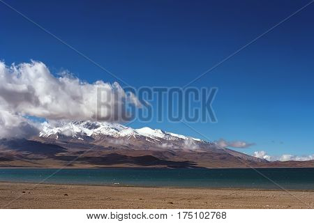 Sacred Lake Rakshastal (4541 m) at the foot of Holy Mount Gurla-Mandhata (7694 m) in Western Tibet.