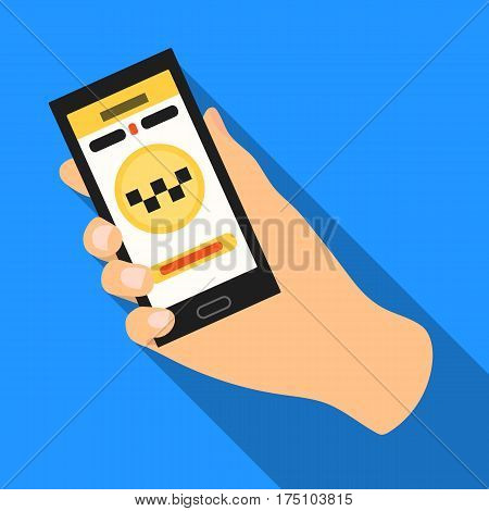 Hand holding a phone to call for order taksi.Programm car taxi online. Taxi station single icon in flat style vector symbol stock web illustration.