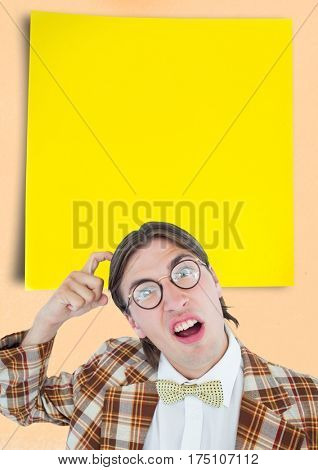 Digitally composite image of thoughtful nud man standing against yellow sticky note
