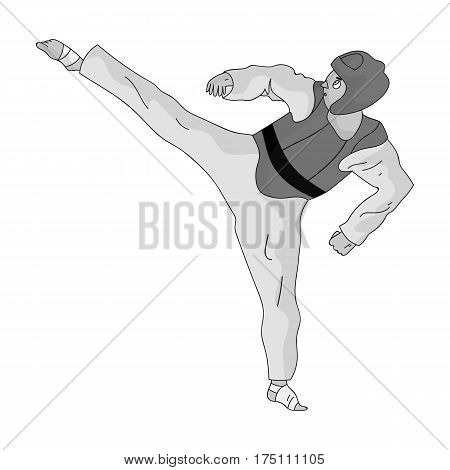 Taekwondo fighter in white kimono and red protection sports.Olympic sports single icon in monochrome style vector symbol stock web illustration.