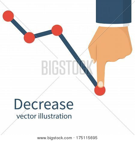 Decrease graph. Businessman hand down profit business chart. Stock financial trade market diagram. Vector illustration flat design. Isolated on white background. Declining graph. Downward arrow.