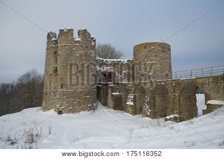 View of the medieval Koporie fortress, cloudy February day. Leningrad region, Russia
