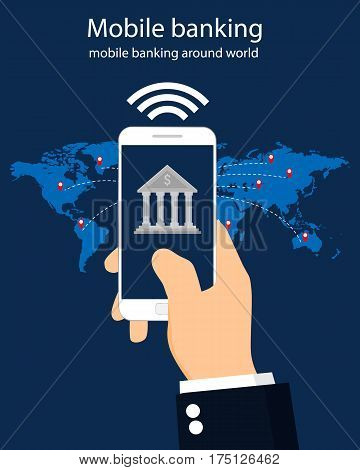 Mobile banking around world, flat design, vector illustration.