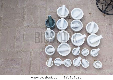 floor display of mortar of shopfront in Dilli Haat Delhi India. Dilli Haat is traditional marketplace in delhi