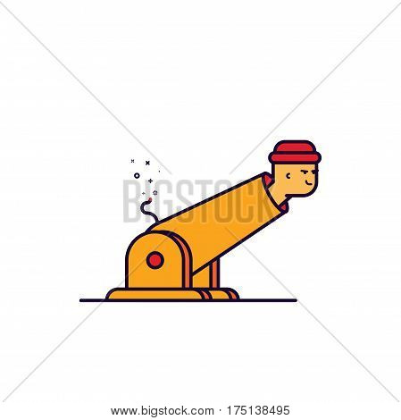 Vector illustration of cartoon outline man in cannon. Graphic design concept of circus human cannon ball. Use in Web Project and mobile App. Flat bold line stock isolated object.