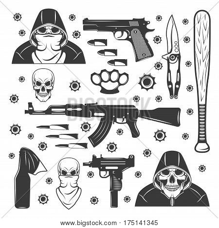 Gangster ammunition and different types of weapon in monochrome style isolated on white background. vector illustration