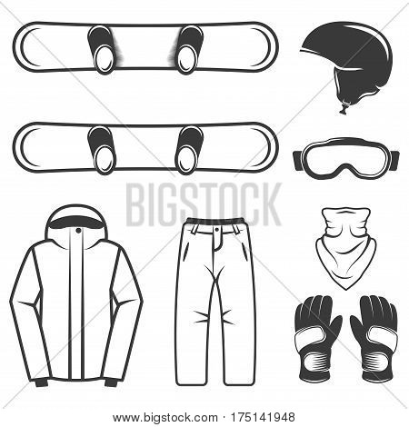 Winter sport, snowboards and equipment set of vector black design elements, objects, symbols isolated on white background