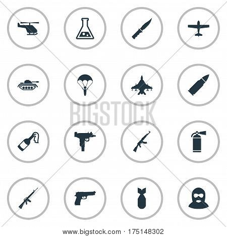 Vector Illustration Set Of Simple Terror Icons. Elements Paratrooper, Heavy Weapon, Cold Weapon And Other Synonyms Arm, Heavy And Laboratory.