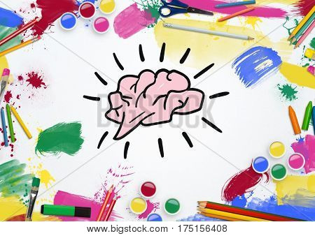 Digitally generated of colorful tools surrounded by drawn brain