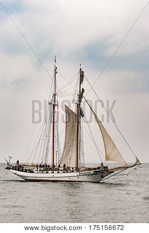 Rostock, Germany - August 2016: Sailing ship Tolkien on the sea. Tall Ship.Yachting and Sailing travel. Cruises and holidays