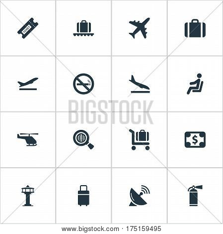 Vector Illustration Set Of Simple Plane Icons. Elements Alighting Plane, Protection Tool, Travel Bag And Other Synonyms Protection, Case And Tower.