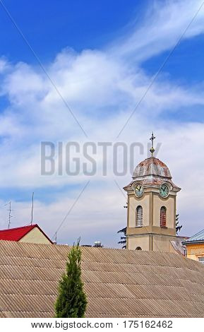 View of tower with clock of Saint Anna's roman catholic church (1802), Khust. Ukraine