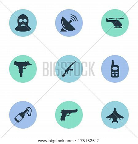 Vector Illustration Set Of Simple War Icons. Elements Pistol, Helicopter, Walkies And Other Synonyms Ak47, Copter And Communication.