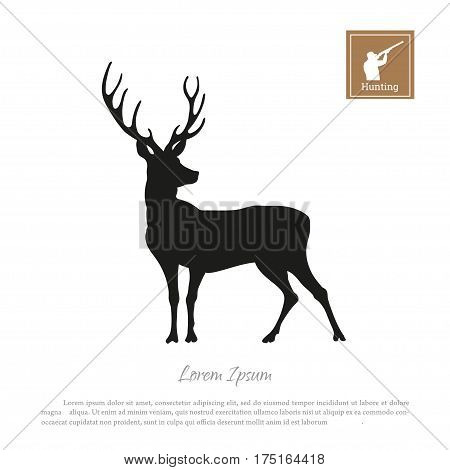 Black silhouette of a deer on a white background. Icon hunter with a gun. Vector illustration