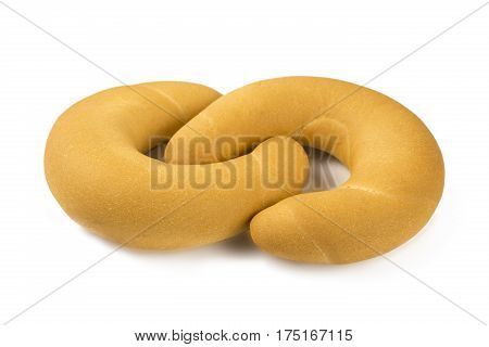 Two delicious freshly baked bagels on a white background the highest quality. Bagels ideal shape and color blush removed from the oven. Isolated.