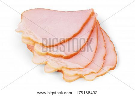 Sliced ham on white background.Fresh prosciutto.Pork ham sliced on white background.