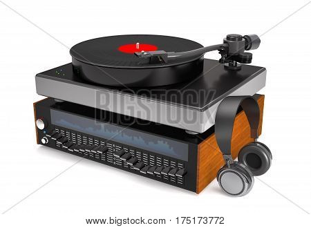 Sound equalizer turntable vinyl record and headphones on white background (3d illustration).