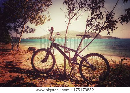 Bicycle on the beach with vintage background style