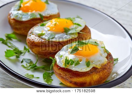 Tapas mushrooms with quail eggs from Spain pinchos pintxos
