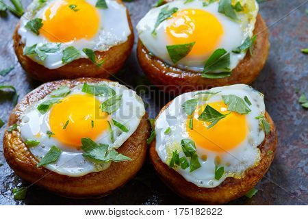 Tapas mushrooms with quail eggs from Spain pinchos pintxos
