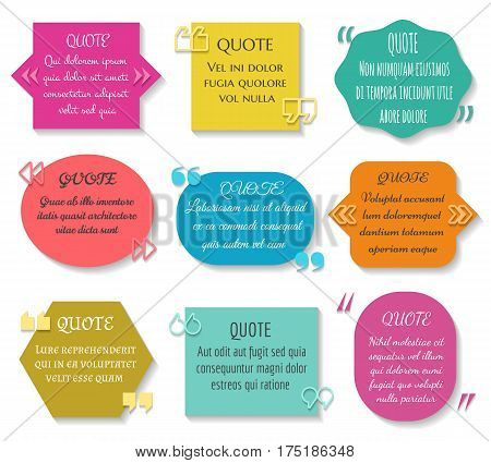 Text quotes box set. Vector texting quote sentence colored elements. Message comment description in textbox illustration