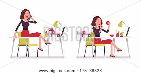 Set of young silly secretary at the desk, office scene, doing make-up, not working, gossiping on phone sitting on the desk, having a break, attending telephone calls, full length, white background