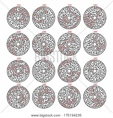 Circle Maze with Solution Set of 16 elements Labyrinth with Entry and Exit. Find the Way Out Concept. Vector Illustration.