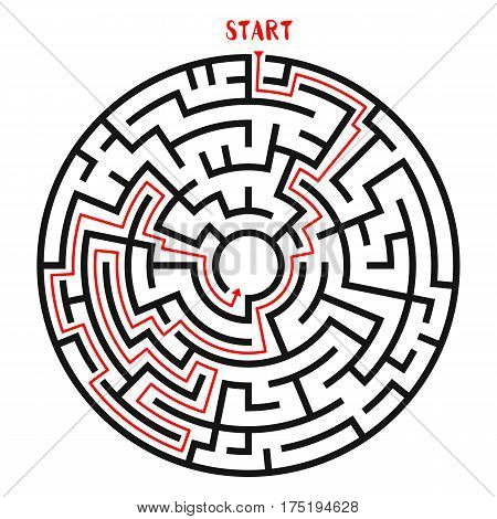 Circle Maze with Solution. Labyrinth with Entry and Exit. Find the Way Out Concept. Vector Illustration.