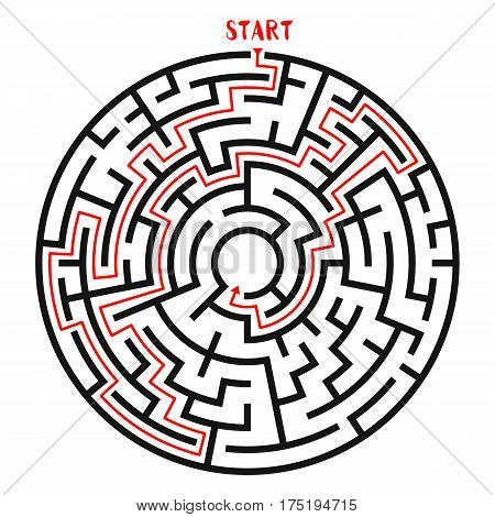 Circle Maze with Solution. Labyrinth with Entry and Exit. Find the Way Out Concept. Vector Illustration.