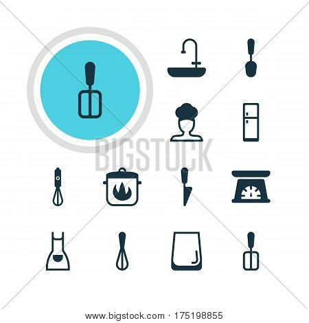 Vector Illustration Of 12 Kitchenware Icons. Editable Pack Of Handmixer, Refrigerator , Measuring Tool Elements.