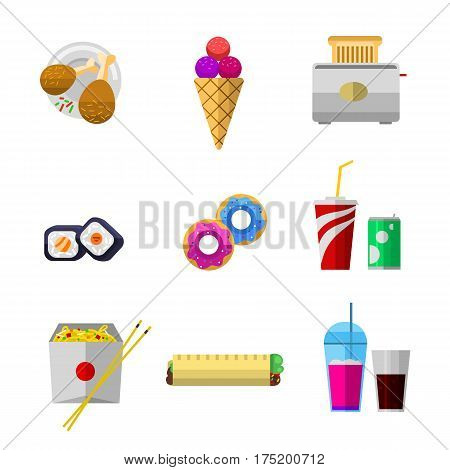 Vector icons sweet fast food elements. Restaurant breakfast menu isolated symbols. Cake design kitchen beverage dinner and dessert different meal.
