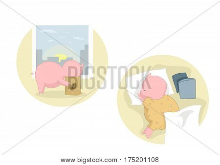 Vector illustration of a little pig's life. A little pig looks for coffee. A little pig is sleeping in bed.