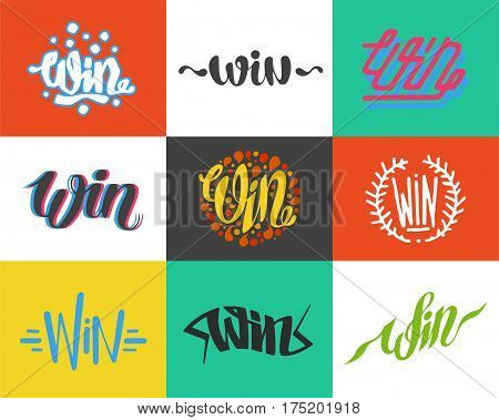 Win text sign test success message contest promotion banner competition and award lucky lottery word modern reward gamble champion vector illustration. Decoration label entry chance element.