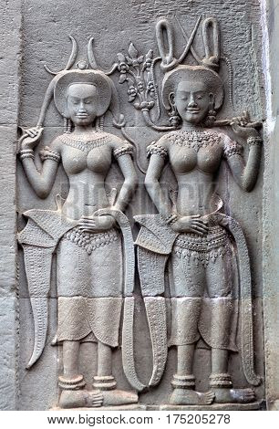 Ancient Reliefs At Angkor Wat Temple, Cambodia