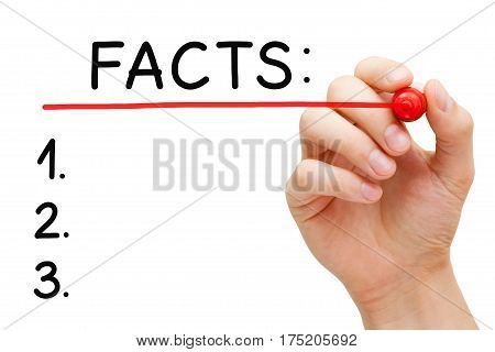 Hand writing Facts list with marker isolated on white.
